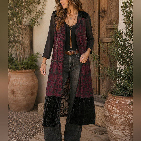 Papa Vancouver Dresses & Skirts - Papa Vancouver Black Burgundy Sheer Floral Overlay Duster Cardigan Women’s Large